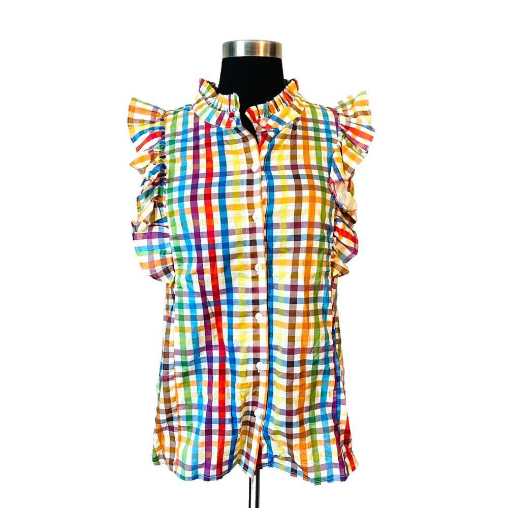 LaRoque Sleeveless Button Up Ruffle Sleeveless Top Shirt Colorful Checker Medium